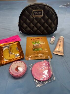 Betsey Johnson Quilted Black Cosmetic Pouch with Pink & Gold Accents